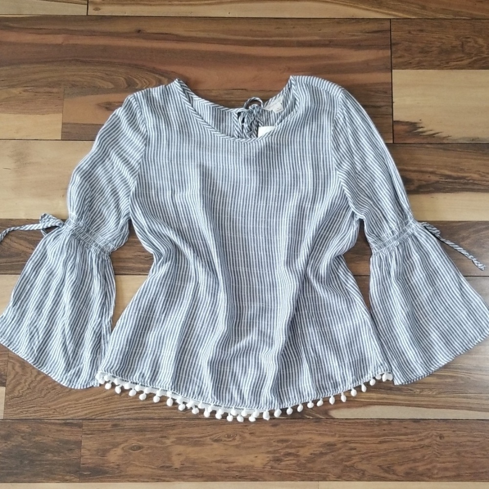 Bell sleeve striped top with poms